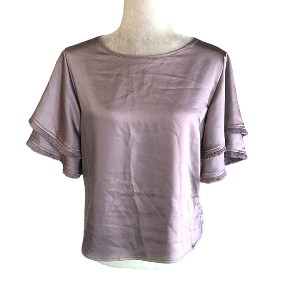 NWOT S’EDGE Light Purple Satin Double Fringe Flutter Sleeve Cropped Top - S - Picture 14 of 14